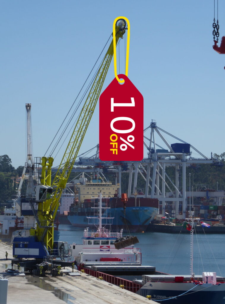 A crane loading a 10% discount label onto a vessel. Used to represent our discount on logistics training courses.
