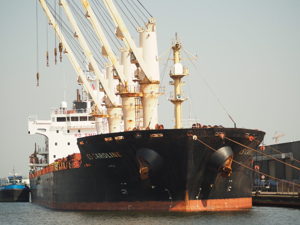A public domain image of a geared vessel - a vessel with cranes - CS Caroline vessel 