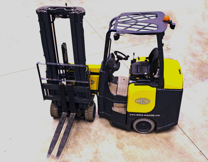 An articulated forklift which is able to run its lifting forks at 90 degrees so that it can enter narrow aisles and still lift or extract pallets from racks.