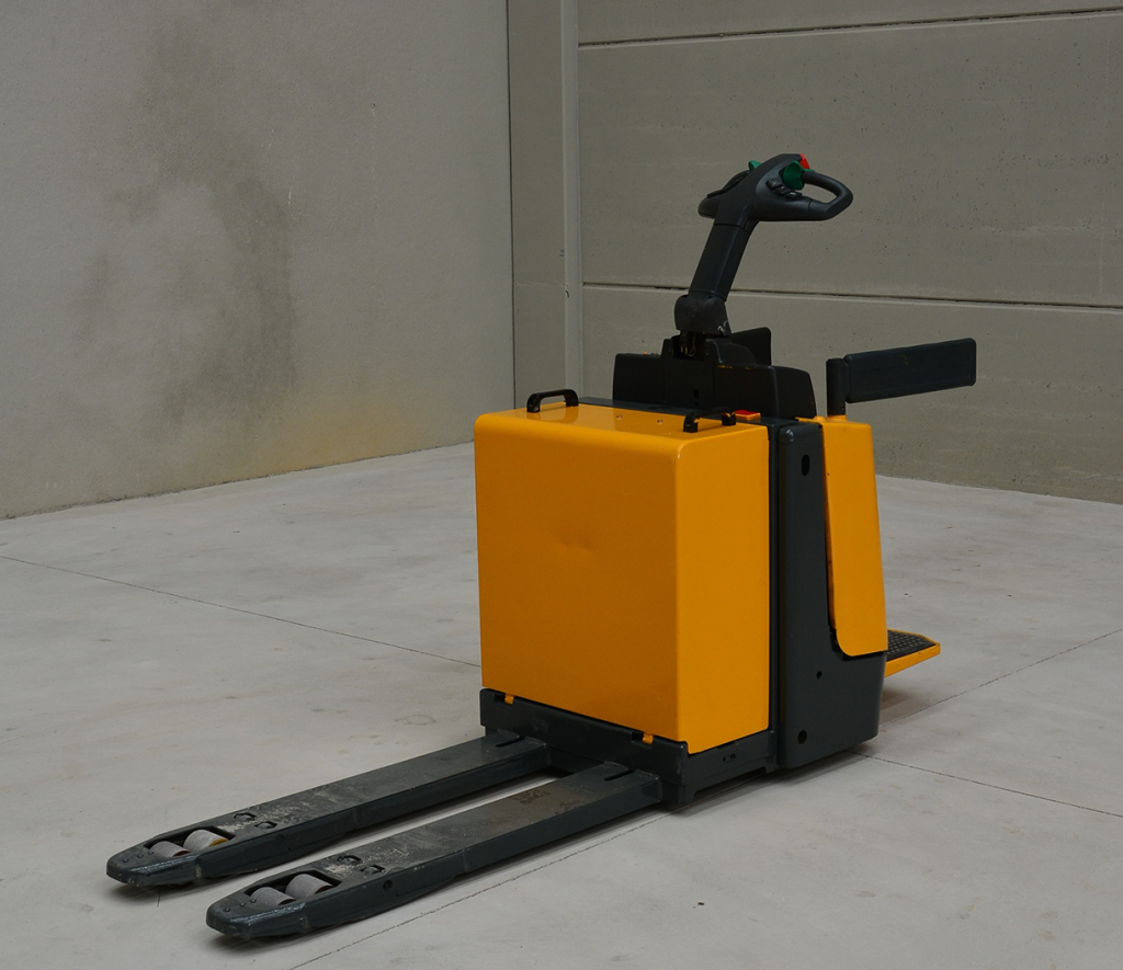 An electric self propelled pallet truck also called jack truck, pump truck or hand truck. This pallet truck, a key warehouse handling equipment, is used to slightly lift pallets off the ground and move them over short distances. In this picture there is a small step on the back of it allowing the operator to ride with it.