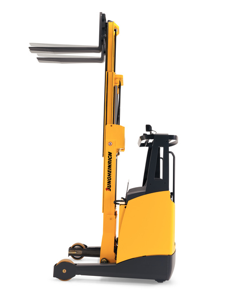 A reach truck with front outer legs which enable better weight distribution, and this means, they are smaller than forklifts, they also have extendible forks and can therefore work in narrow aisles and tighter spaces.
As shown on the picture the lifting masts of this warehouse handling equipment are often higher, as they are designed to be typically used in high-racking warehouses.