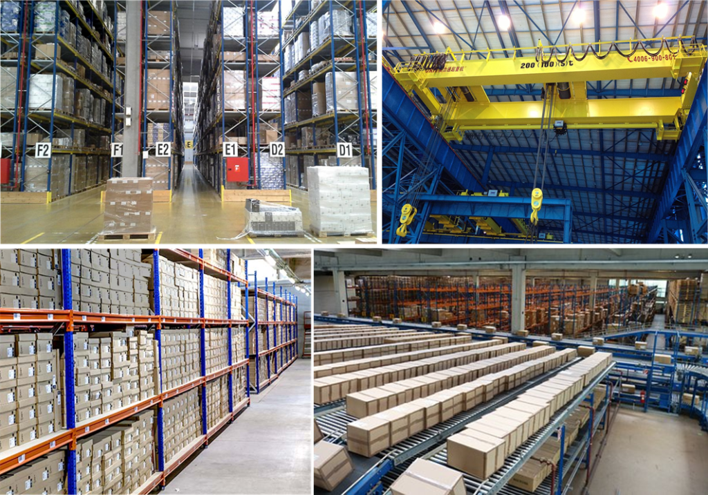 A picture showing various warehouse fixtures such as racks, shelves, cranes and conveyor belts.
