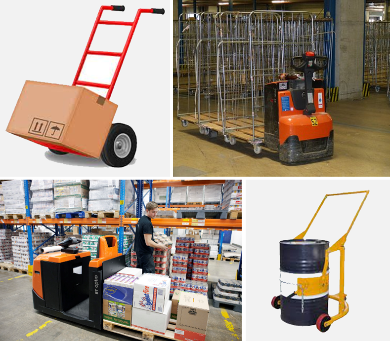 A picture showing various warehouse handling equipment - a hand truck, an electric cart pulling some trolleys, an electric order picker cart and a manual drum lifter