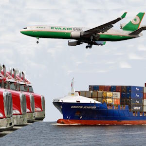 A photo representing the 3 main transport modes - to the left we see some US tractors used to pull road cargo, to the right we see the front part of a container vessel which represent ocean transport and above we see an airplane representing air freight and air cargo. This picture is used to introduce our article on cargo transport.